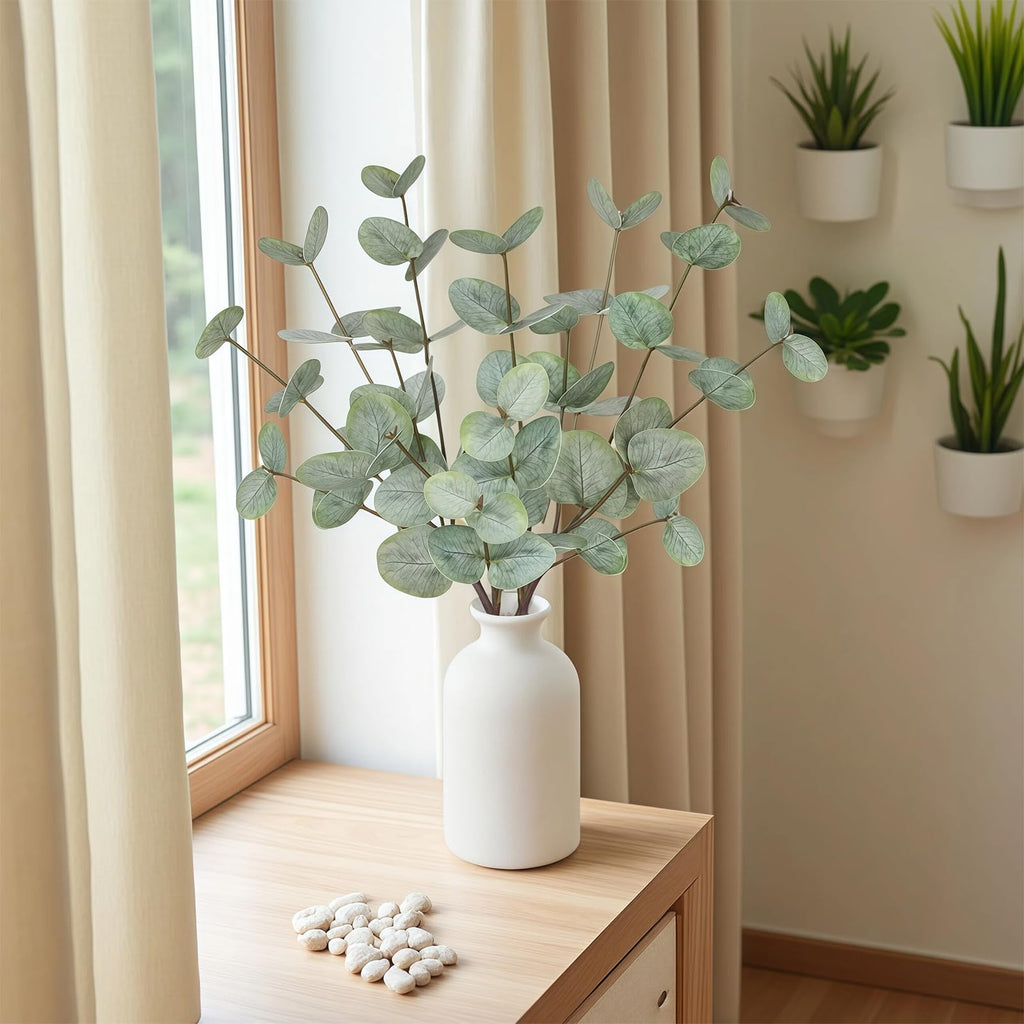 15" Artificial Eucalyptus Stems Potted Plant - Realistic Small Fake Desk Plants Home Decor, Faux Plants in Frosted