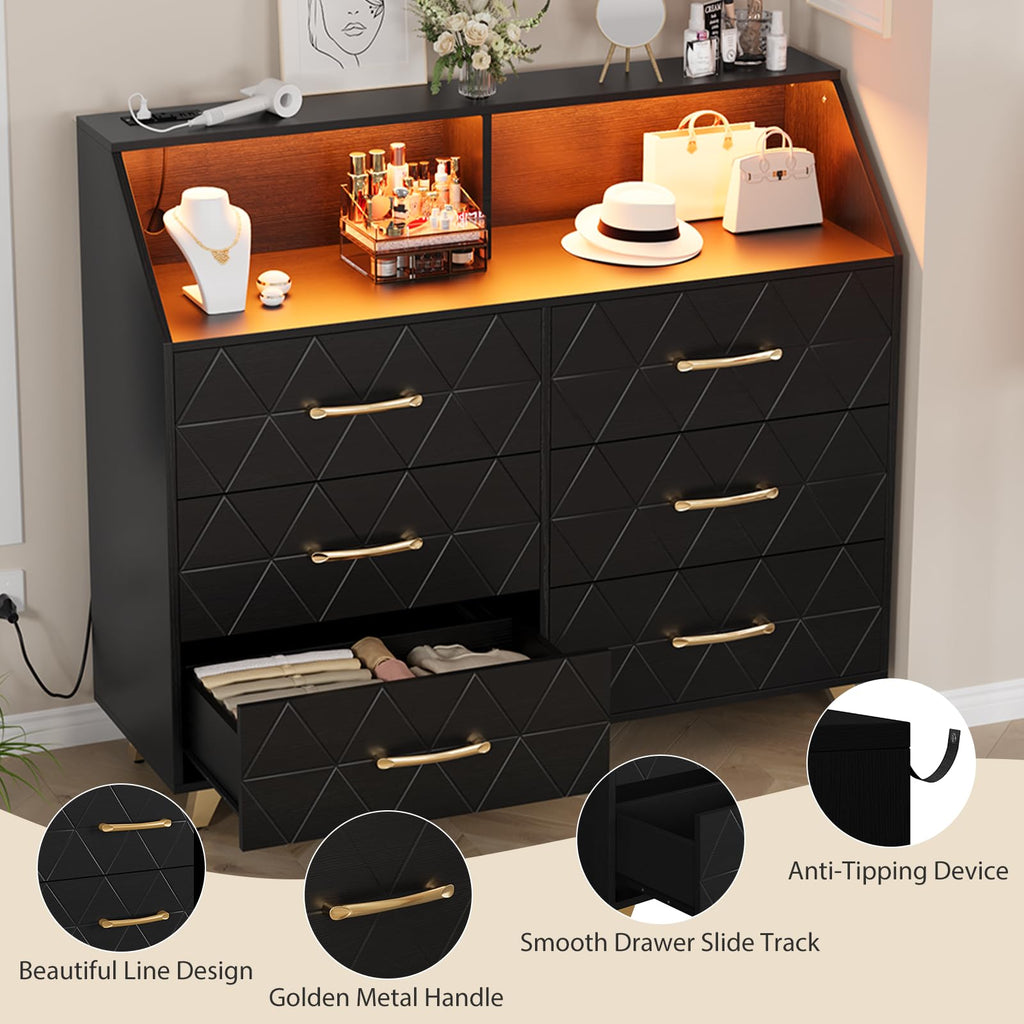 6 Drawer Dresser with LED Lights & Charging Station, Wooden Black Dresser, Modern TV Stand Dressers & Chests of
