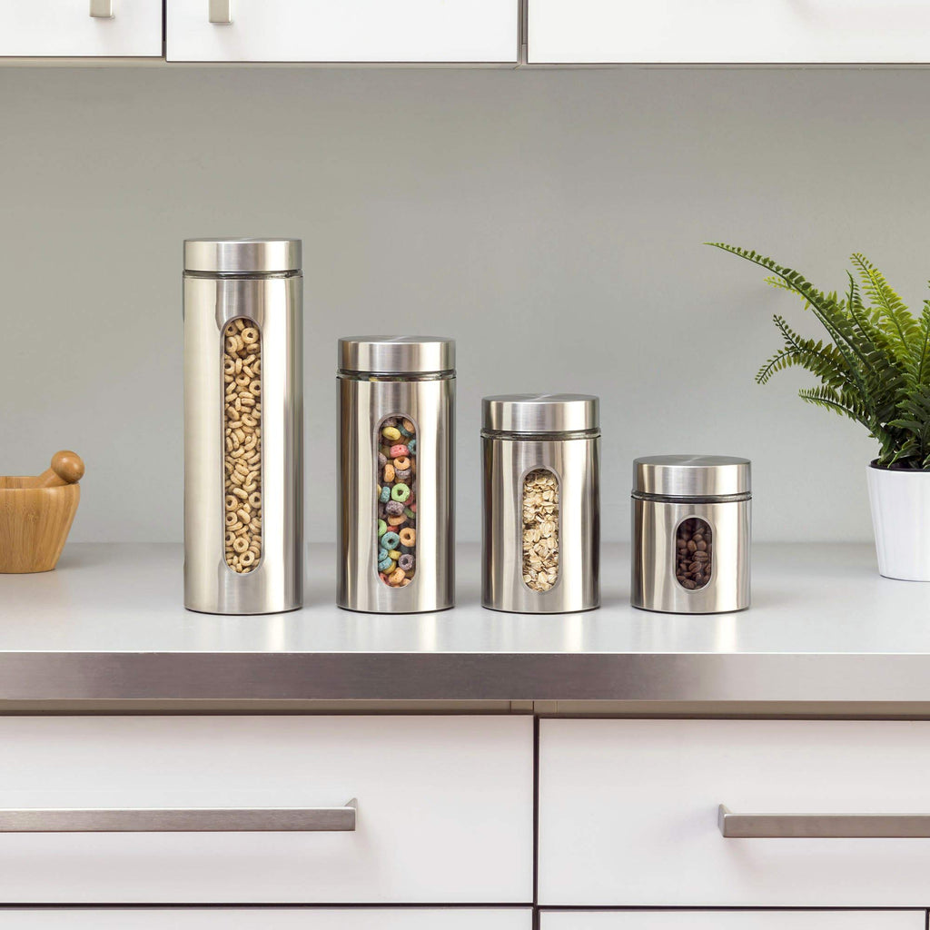 Quality 4pc Stainless Steel Canister Set Counter with Glass Window & Airtight Lids, Food Storage Containers, Pantry