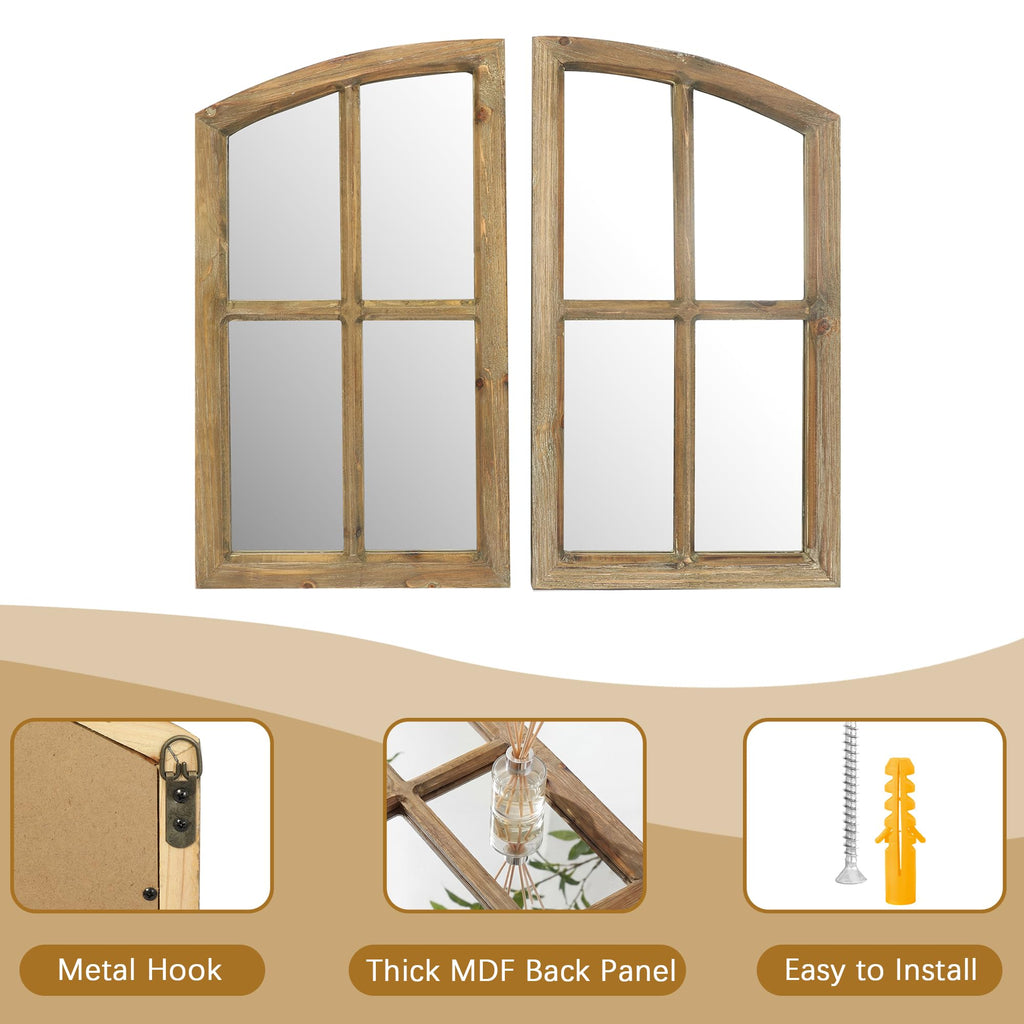 Farmhouse Arched Window Wall Mirrors with Rustic Wood Frame