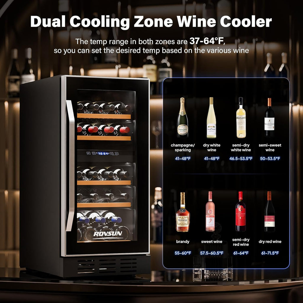 26 Bottle Wine Fridge, Dual Zone Wine & Beverage Refrigerator w/Independent Temp