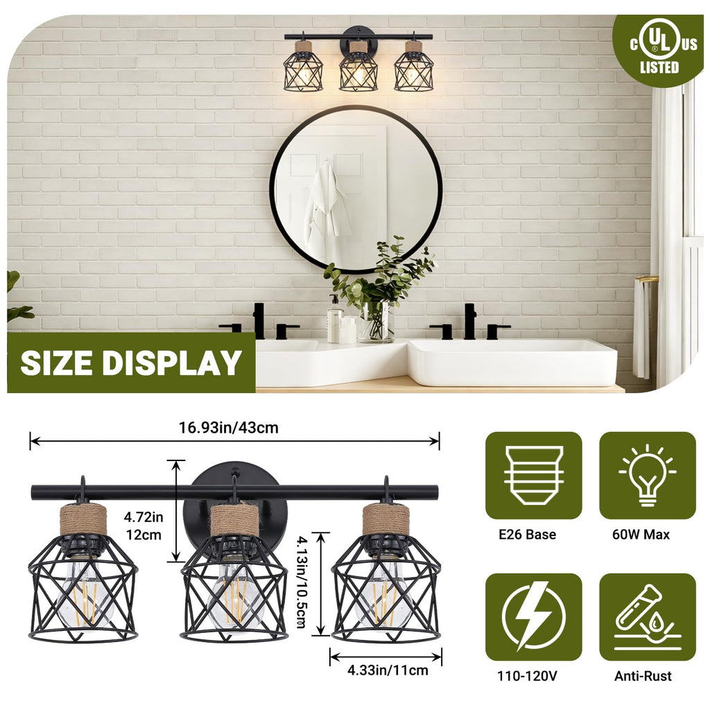 3-Light Farmhouse Bathroom Vanity Light Fixtures Over Mirror, Matte Black Vanity Lights with Metal Cage Lampshade