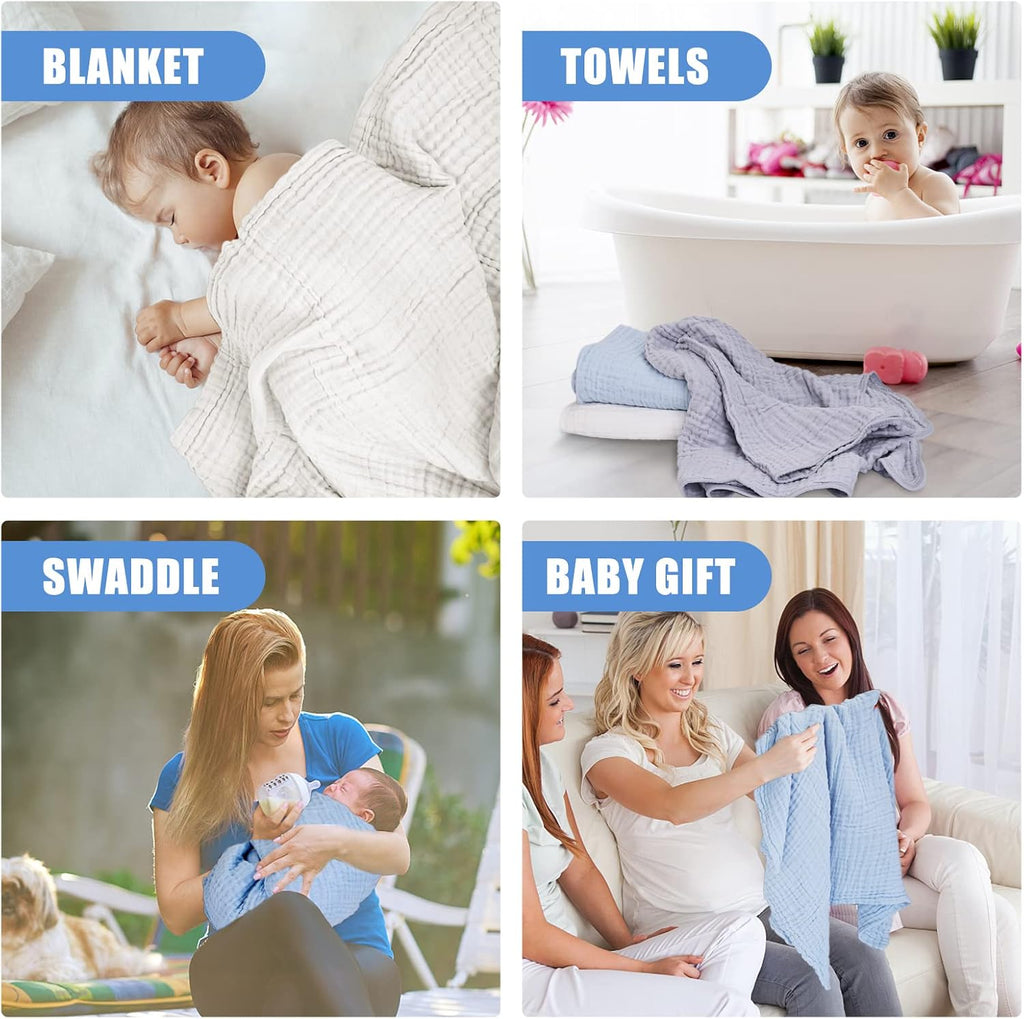 Muslin Baby Bath Towels Set 3 Pack,Large 40"x40",6Layer Natural Cotton,Blue