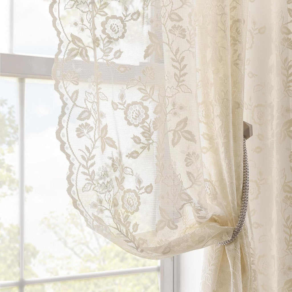 Beige Lace Curtains 36 Inch Length 2 Panels Rusitc Leaf Floral Short Sheer Curtains for Kitchen Window Over Sink, Rod