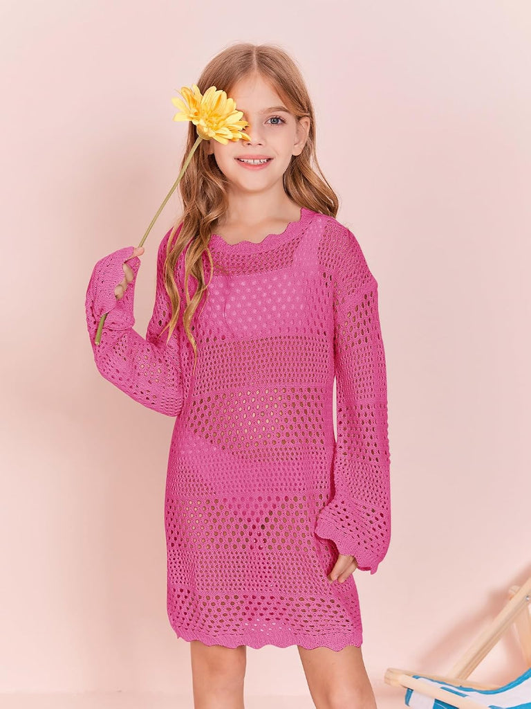 Girls Crochet Long Sleeve Swimsuit Cover Up Kids Fashion Hollow Out Swimwear Beach Dress