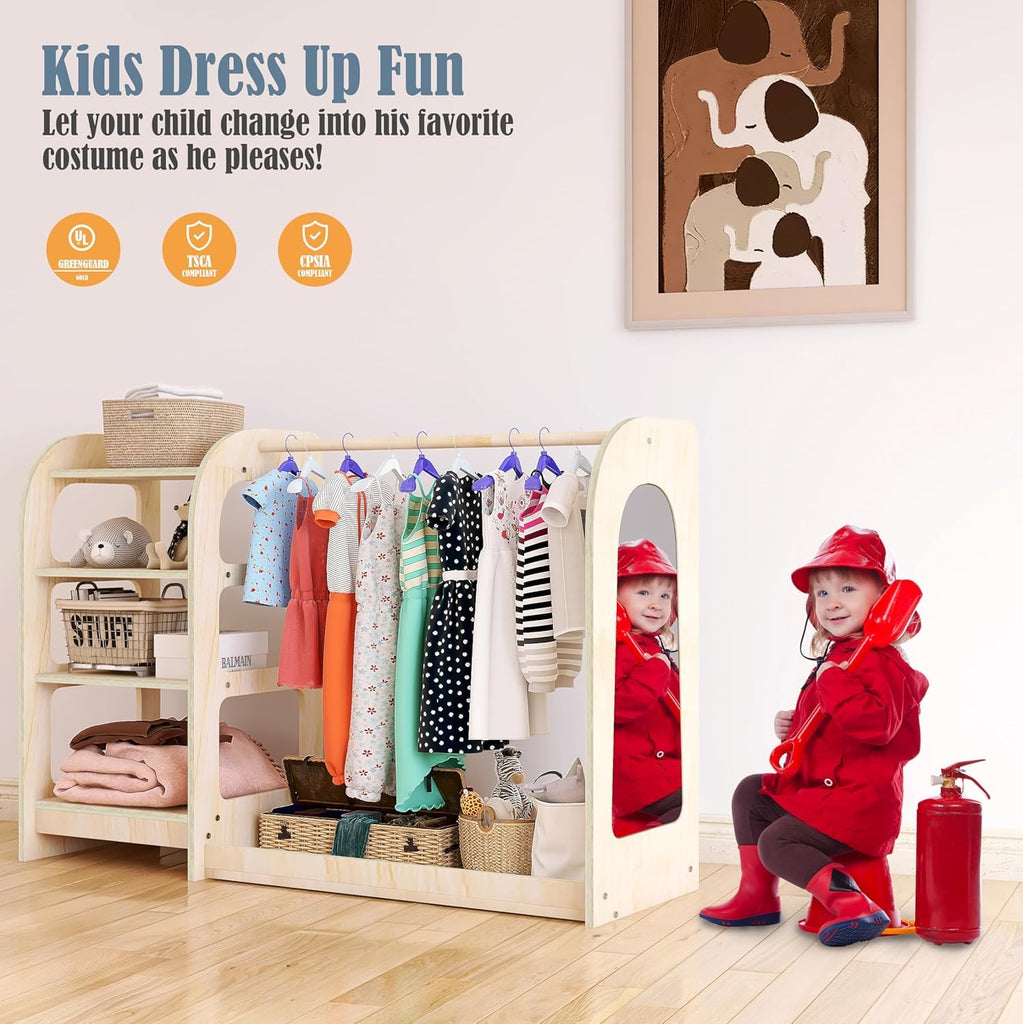 Kids Dress Up Storage with Mirror, Wooden Kids Dress Up Rack for Little Girls and Boys, Kid Wardrobe Closet with