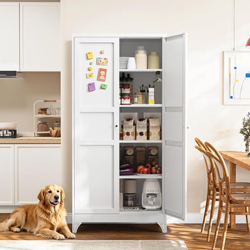 Metal Pantry Cabinet, 75" Kitchen Pantry with 2 Door and 4 Adjustable Shelves,White Metal Pantry Storage