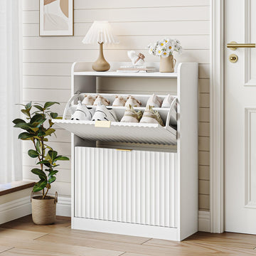 White Fluted Slim Shoe Cabinet Storage with 2 Flip Drawers
