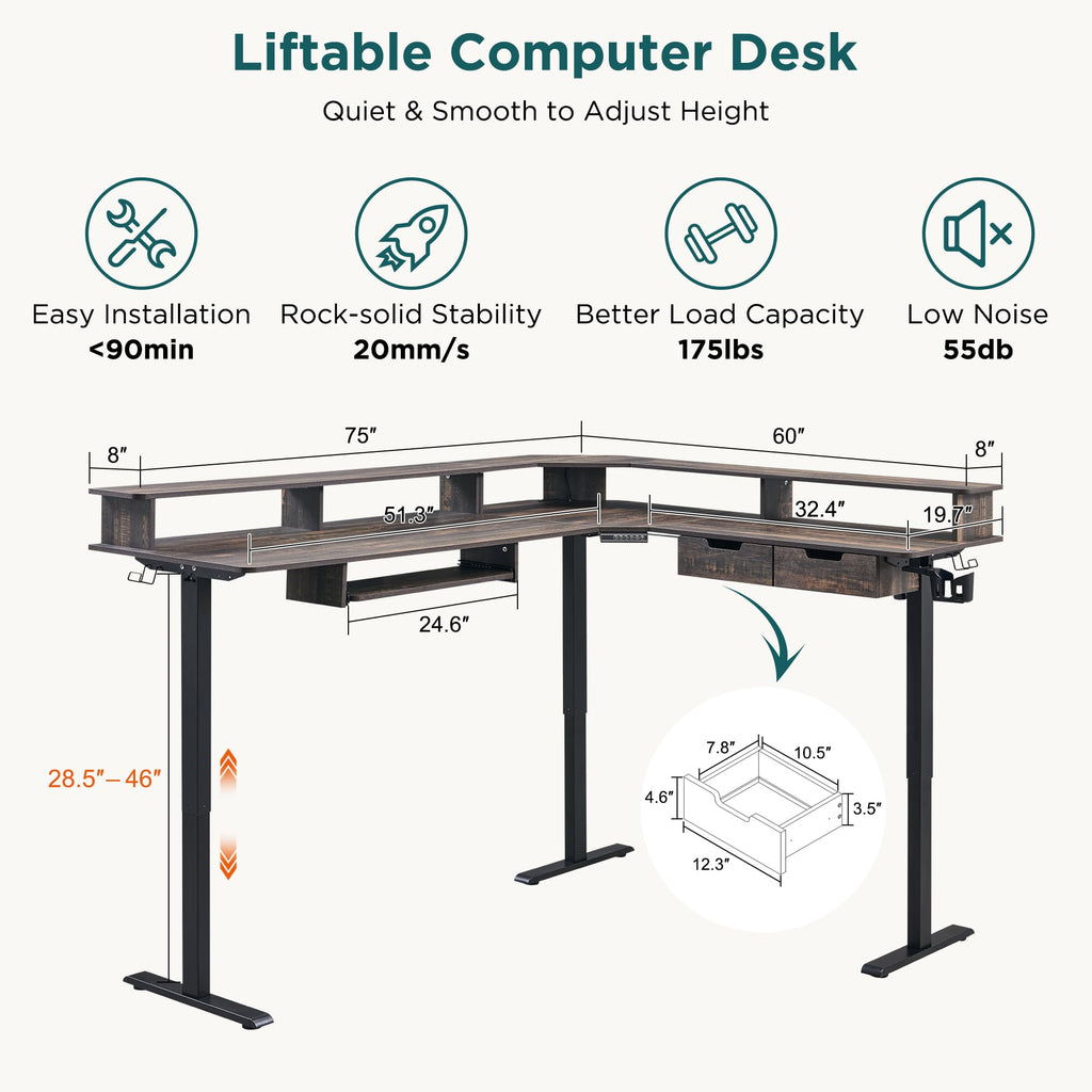 75x60 Inches L Shaped Electric Standing Desk, Dark Rustic Oak