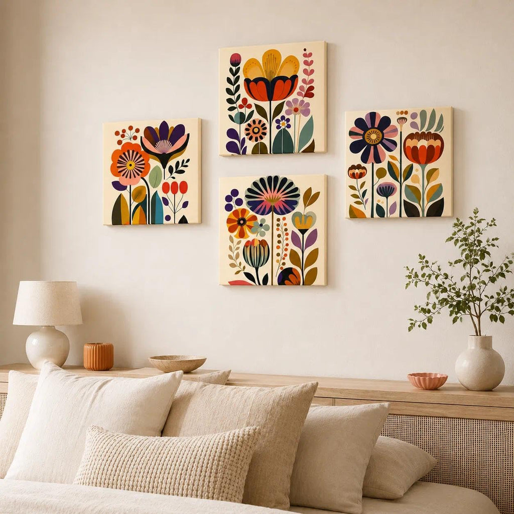 Mid Century Modern Floral Wall Art Set of 4, 12 x 12 Inch