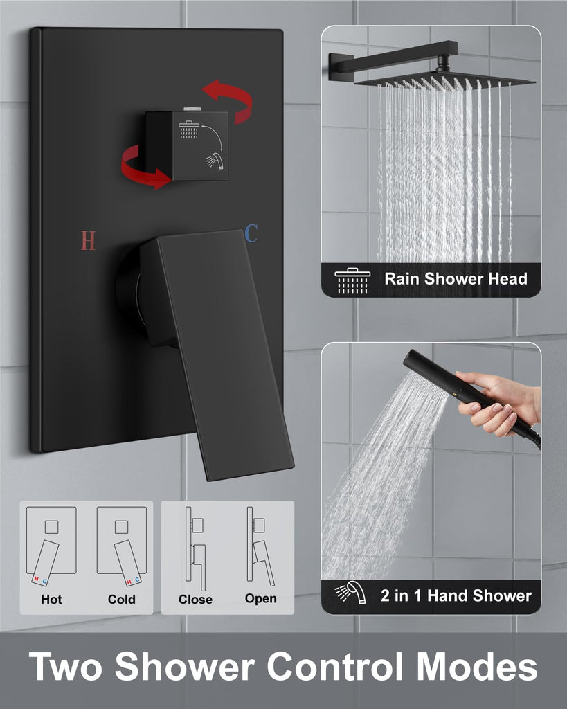 Shower System with Rain Head and Handheld,12-Inch,Matte Black