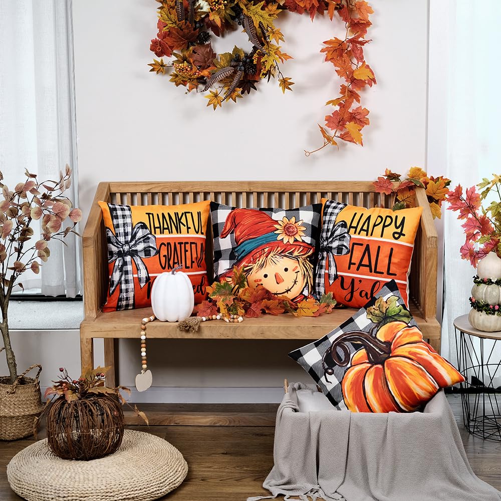 Fall Throw Pillow Covers 20x20 Inch Set of 4, Pumpkin Scarecrow Buffalo Plaid Orange Autumn Seasonal Decorative