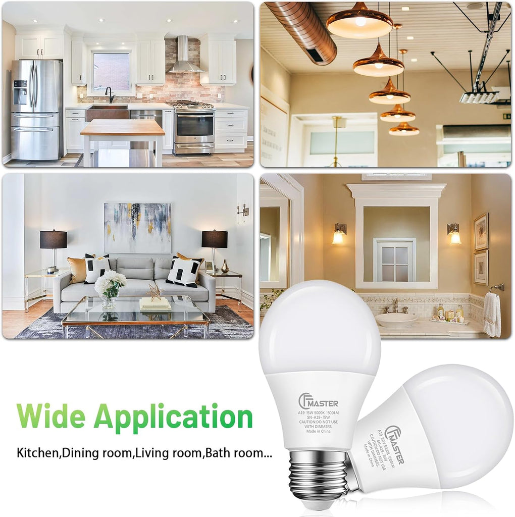 A19 LED Light Bulb, 100W Equivalent Light Bulbs, 15W 5000K Daylight, 1500 Lumens, Non-Dimmable LED Bulb, E26 Standard