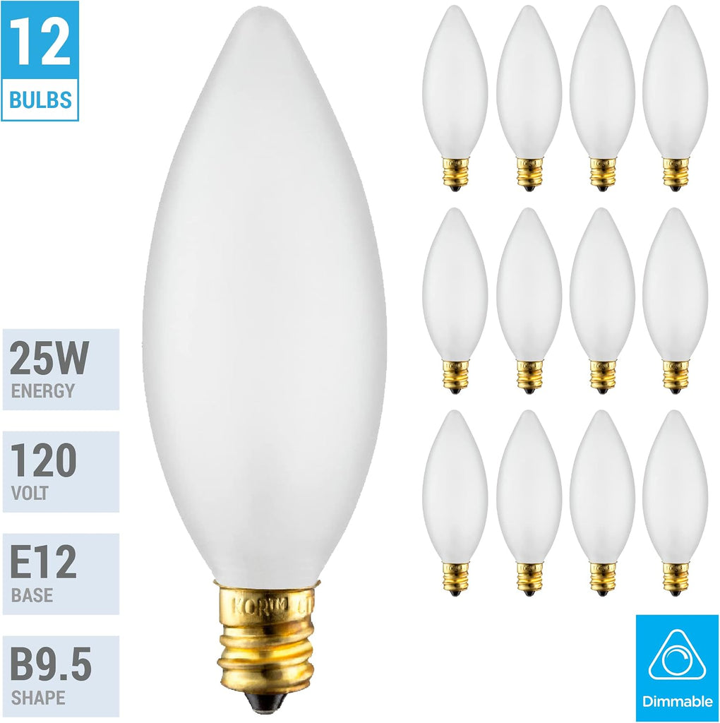 25W Incandescent Chandelier Bulbs, E12 Candelabra Base, 12-Pack