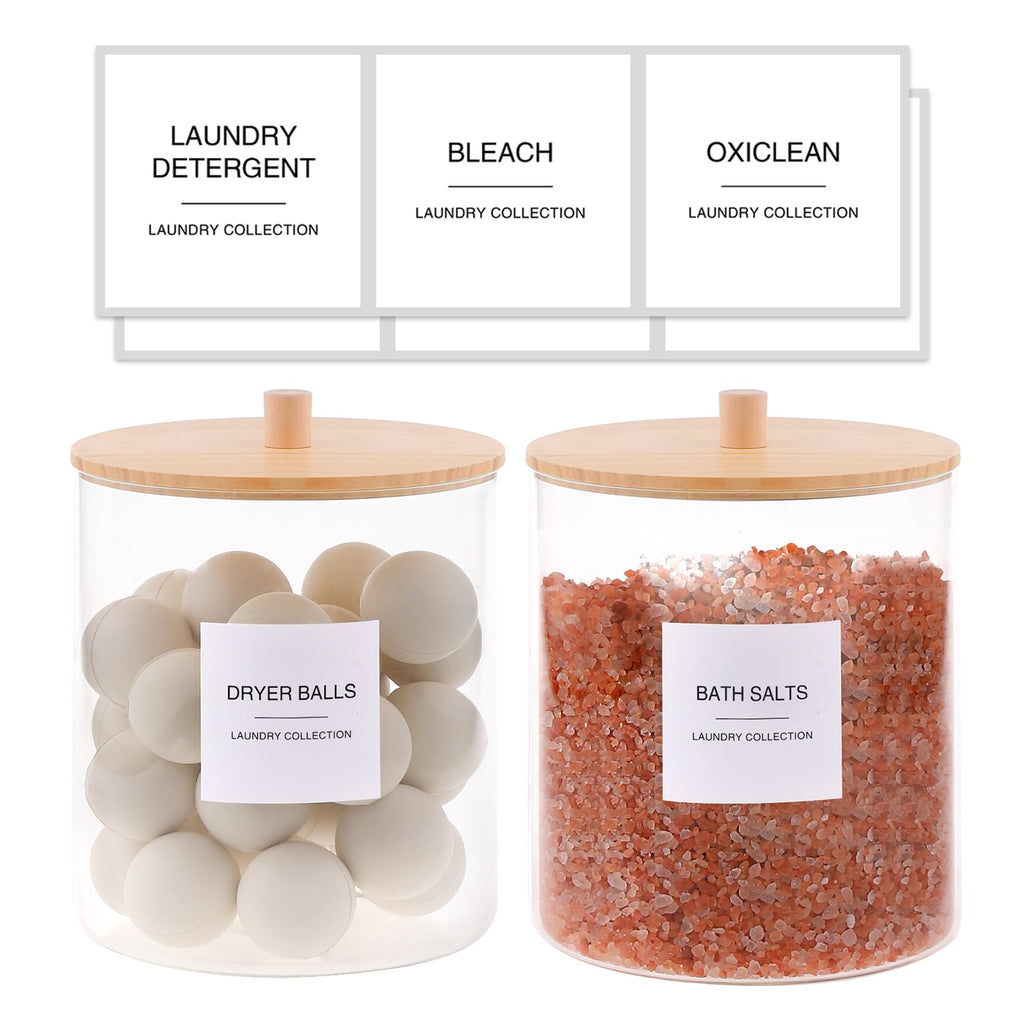 Glass Jars for Laundry Room Organization, Laundry Pods Container with 27 Labels, Detergent Holder with Bamboo Lid