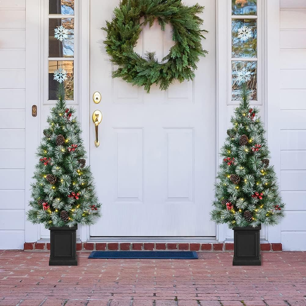 4ft Potted Pre-Lit Artificial Christmas Tree, Small Porch Christmas Tree with 3D Needles, Pinecones and Red Berries