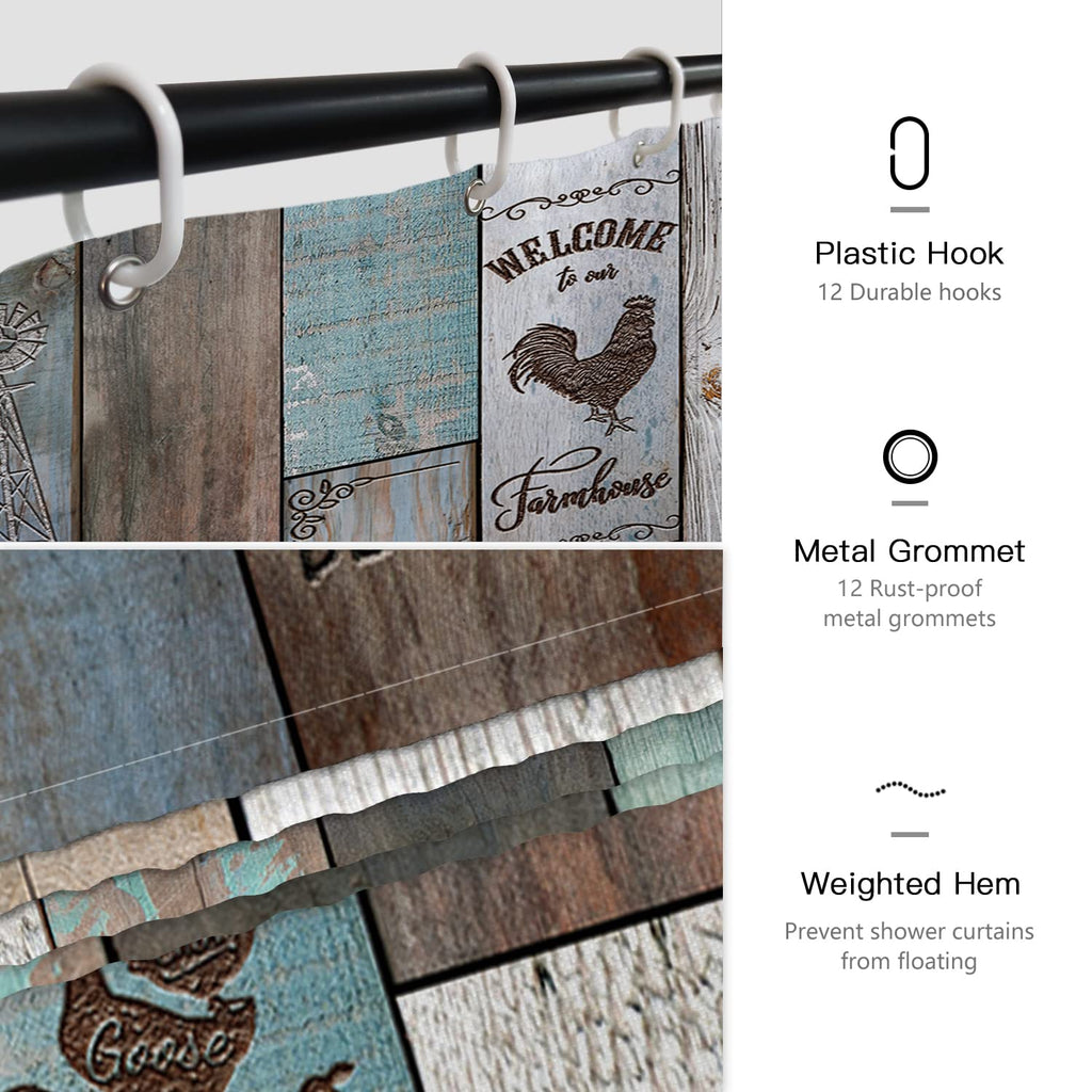 Farmhouse Rustic Set Vintage Country Shower Curtains Wood Farmhouse Bathroom Decor Polyester Fabric-72" x 72"