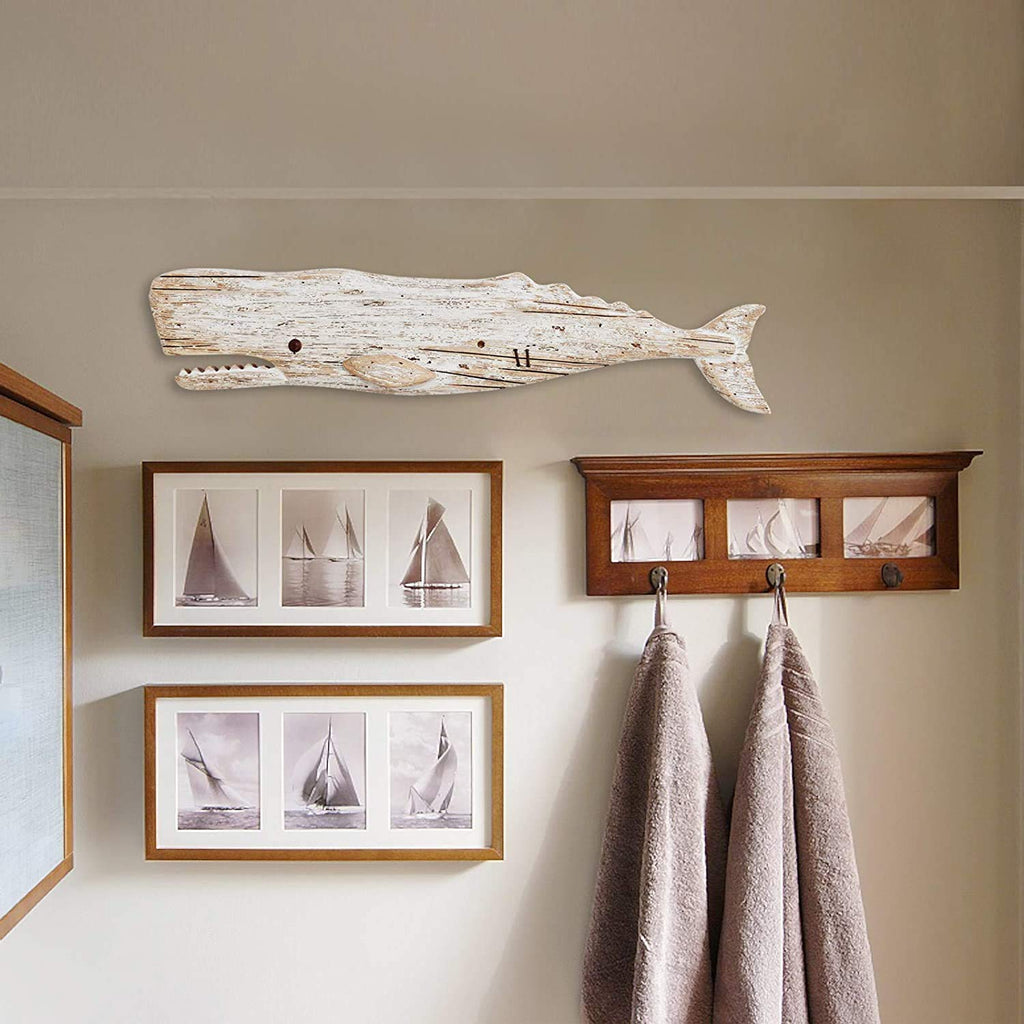 Hanging Wooden Whale Wall Art Ornament, Rustic Decorative Figurine Carving Sculpture, Nautical Ocean Beach Coastal