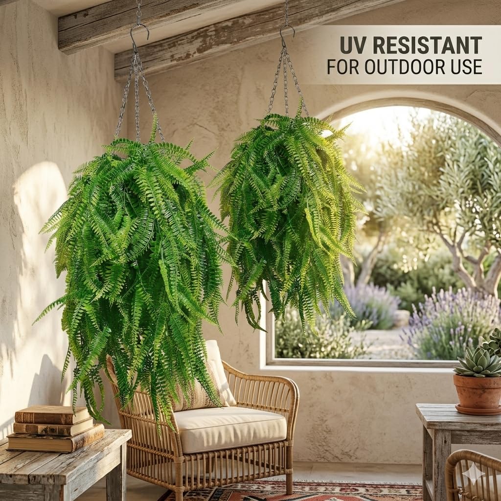 2 Sets Artificial Hanging Fern with Baskets for Outdoor
