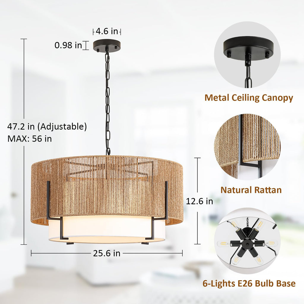 25.6" Large Rattan Chandelier, 6-Light Boho Pendant Light