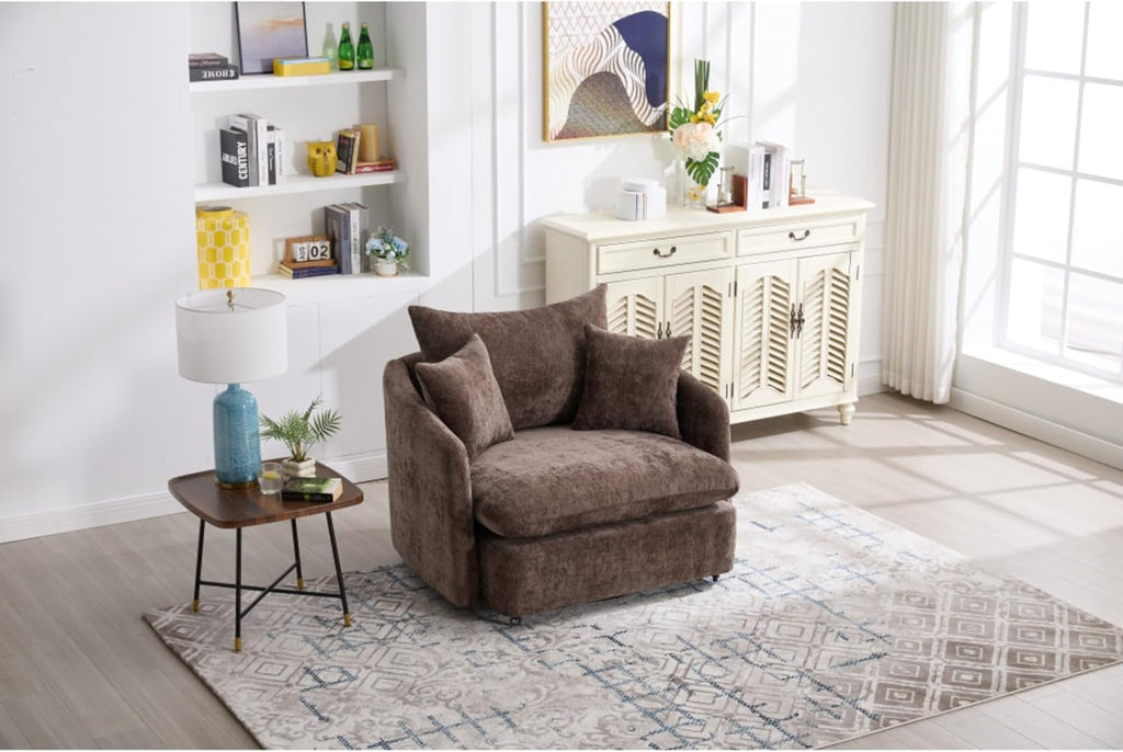 Modern Swivel Lounge Chair and Ottoman — Brown Chenille