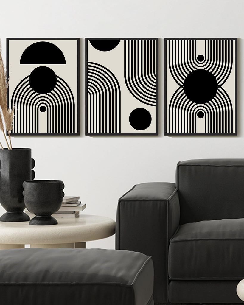 Black and White Abstract Framed Wall Art Decor Duotone Minimal Dark Brush Stroke Prints Shapes Illustrations Modern