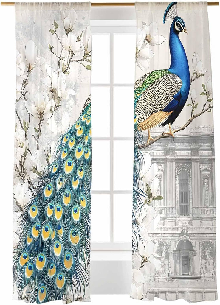 Luxury Peacock Sheer Curtains 96 Inches Long 2 Panels Set, Window Sheer Curtains , Watercolor Vintage Floral Attic