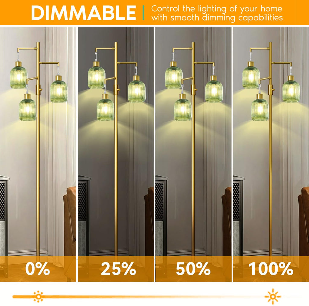 Modern Floor Lamps, Glass Standing Lamp with Green Shade, Dimmable Ribbed Glass 3 Lights Floor Lamps, Mid Century