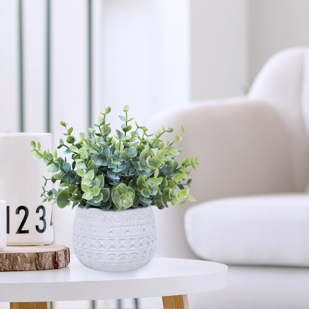 Set of 2 Small Artificial Potted Plants Faux Eucalyptus Plant in White Geometric Ceramic Pots Small Desk Potted