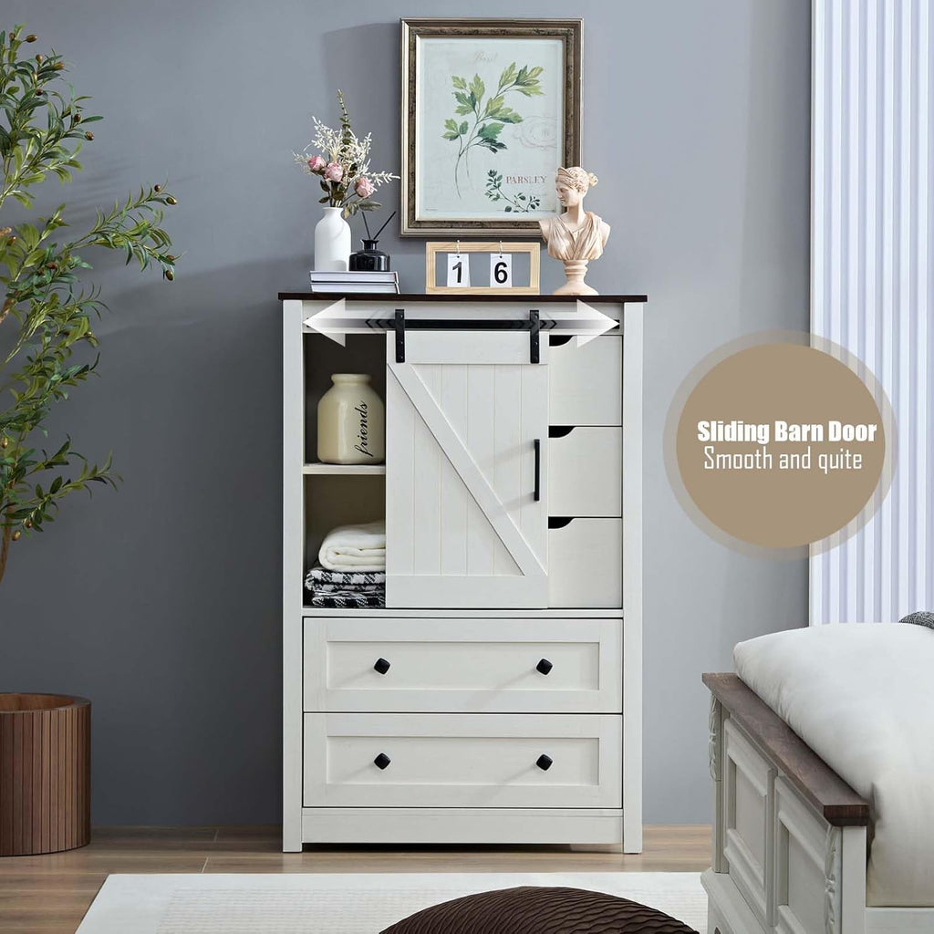 Antique White Dresser with 5 Drawers, 5 Chest of Drawers with Sliding Barn Door, Farmhouse Dresser