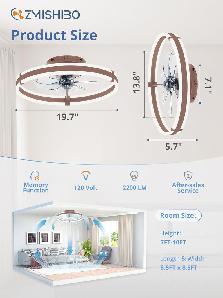 Ceiling Fans with Lights and Remote, 19.7'' Low Profile Ceiling Fan, 3000-6000K Dimmable Modern Flush Mount LED Fan Light, 6 Wind Speeds, Brown Fandelier Ceiling Fans for Bedroom A101-B0F1CCS35J