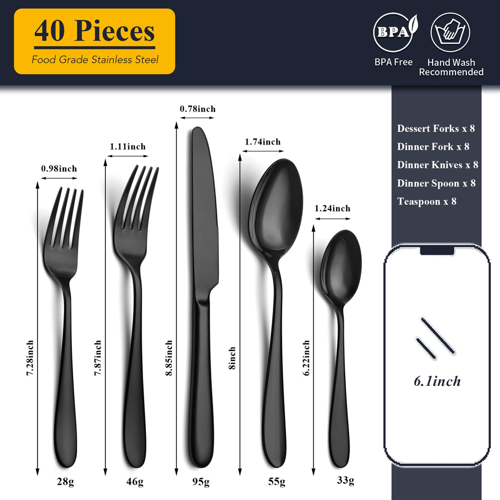40 Piece Black Silverware Set Service for 8, Premium Stainless Steel Black Cutlery Set, Mirror Polished Flatware