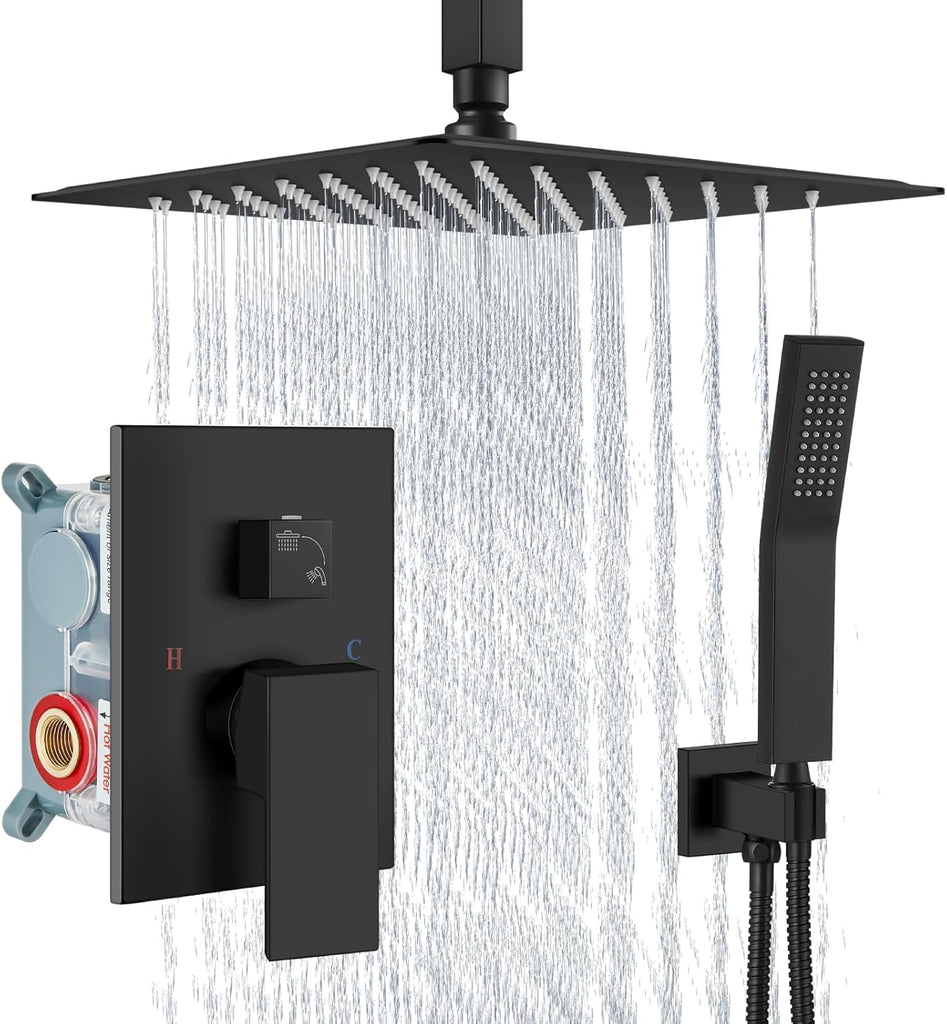 Ceiling Mount Shower System Rain Shower Head with Handheld Spray High Pressure Shower Faucet Set Rough-in Valve Shower