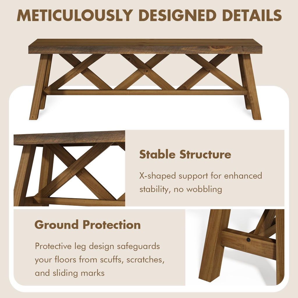 54" Farmhouse Solid Wood Bench, Rustic Entryway Bench, Natural