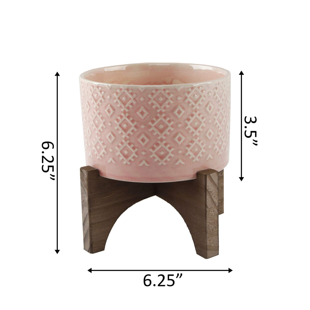 Mid Century 5 inch India Ceramic Planter on Wood Stand, Glass Pink