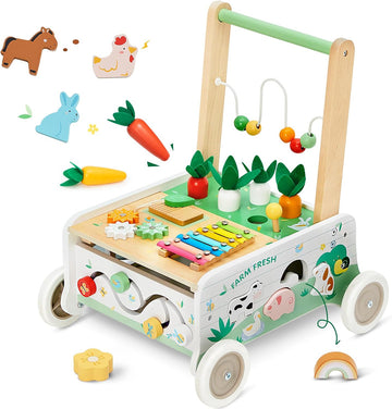Wooden Baby Walker, Baby Push Walker with Wheels, Adjustable Speed