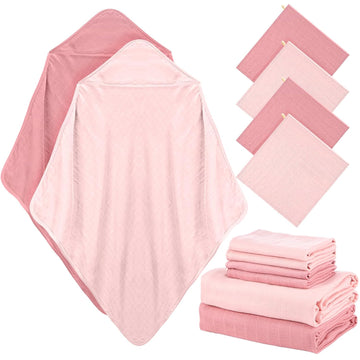 6 Pcs Muslin Hooded Baby Towels and Washcloths,Pink,Dark Pink