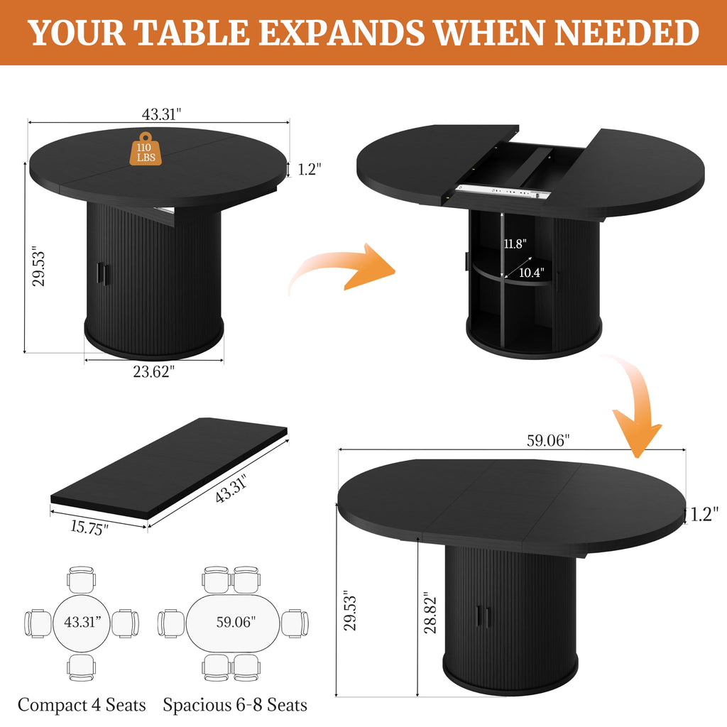 43"-59" Extendable Round Dining Table for 4-8 with Storage Shelf