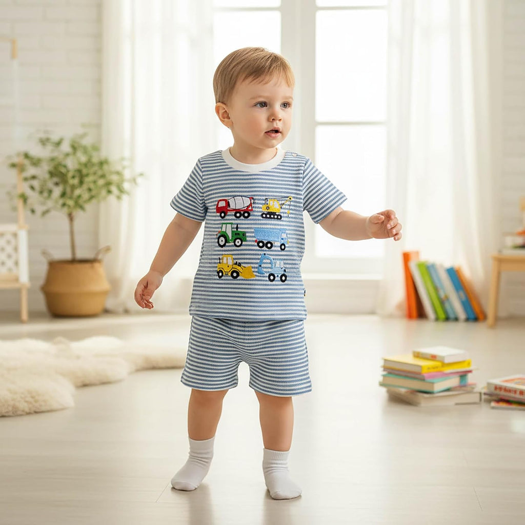 Toddler Baby Boy Summer Clothes Waffle Truck Embroidery Short Sleeve Tops T-Shirt and Shorts Sets Cute 2Pcs Outfits