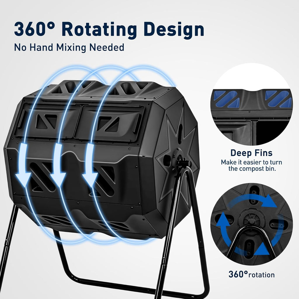 Dual Chamber Compost Bin Outdoor with Sliding Doors, 43 Gallon | 360° Rotating Tumbling Composter, Efficient