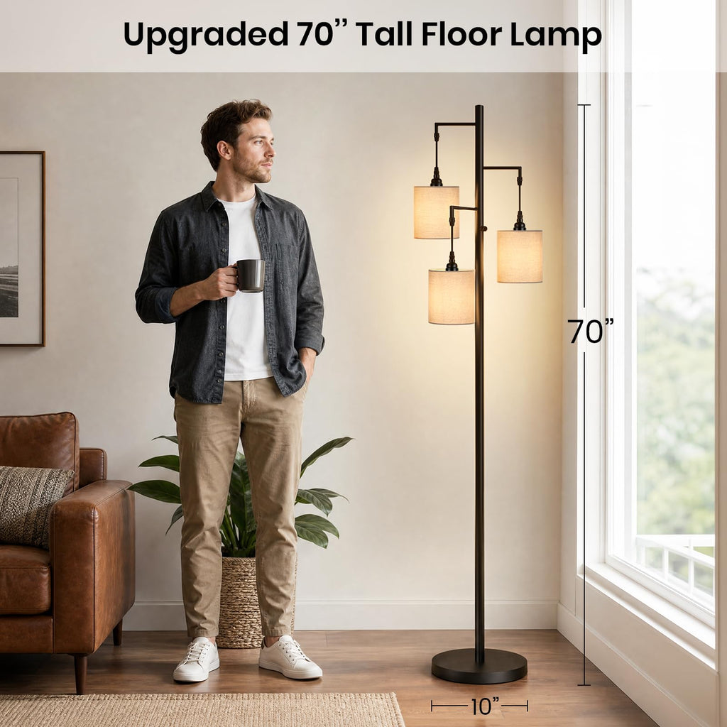 70'' Tall Floor Lamp, 3-Light Black Standing Lamp