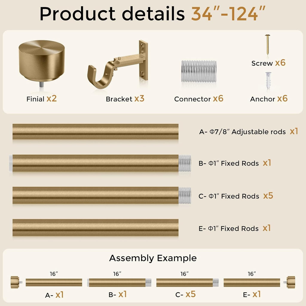 Brass Gold Curtain Rod 34-124 Inch, Brushed Warm Gold 1" Adjustable Long Heavy Duty Curtain Rods for Windows