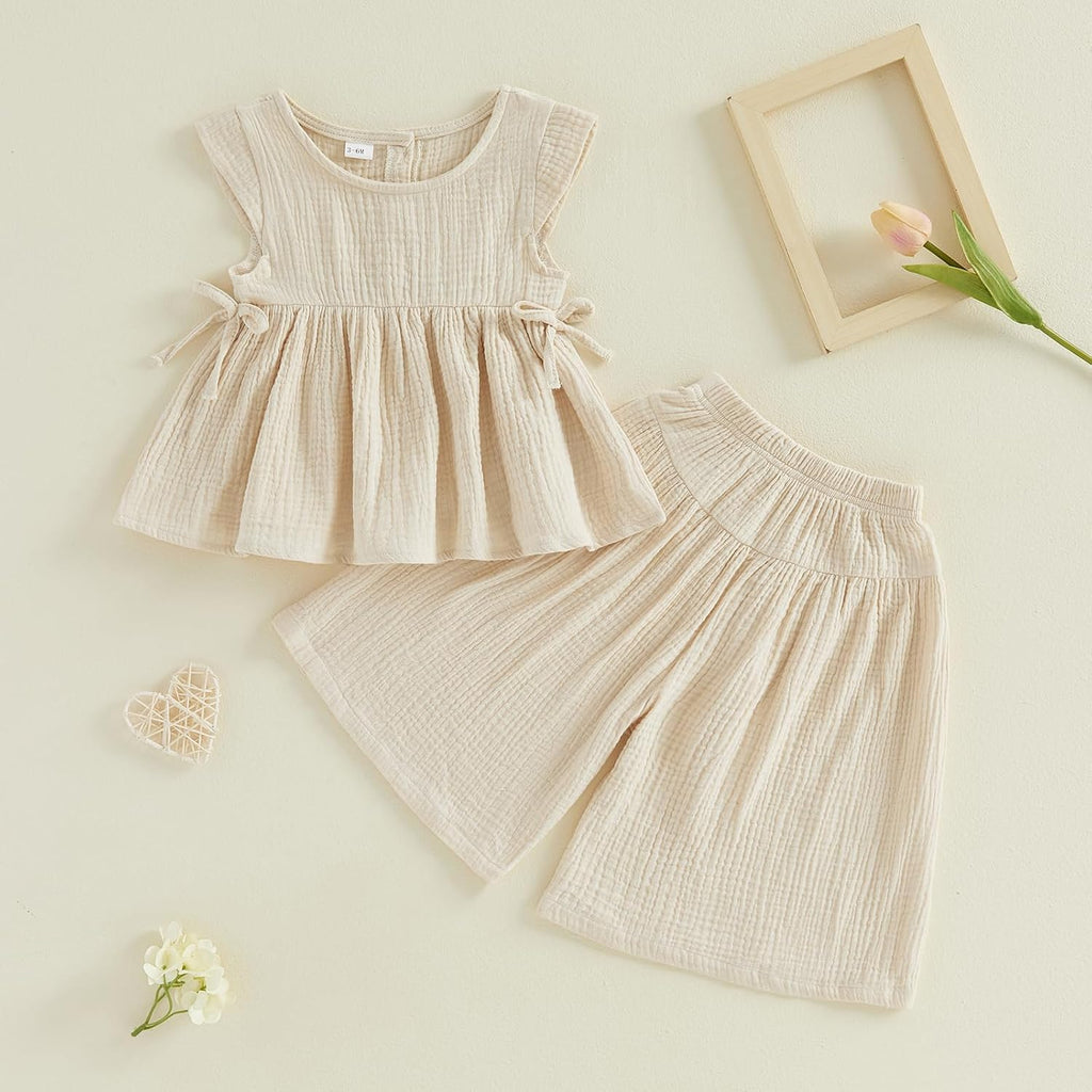 Baby Girl Summer Clothes Outfit Cotton Linen Sleeveless Ruffle Shirt and Wide Leg Pants Toddler Girls Clothes Set