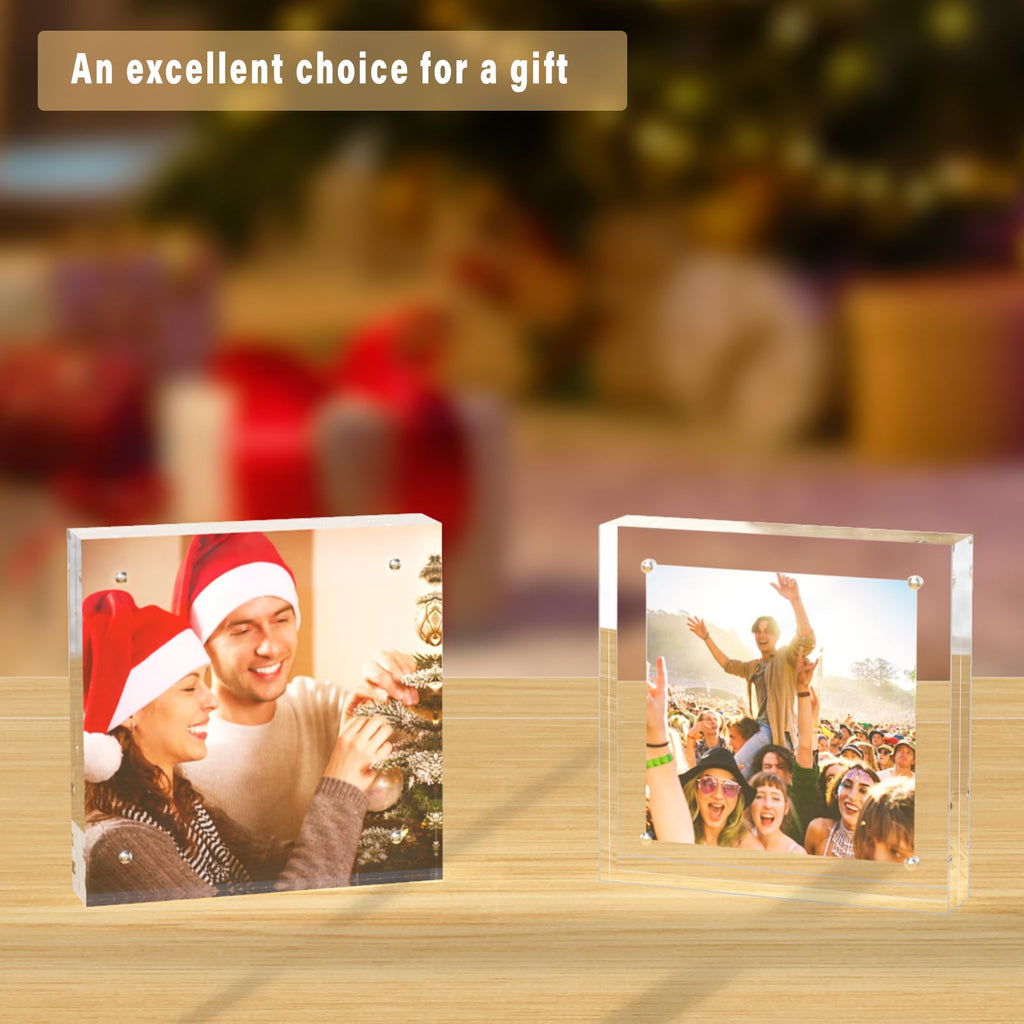 2 Pack 8x8 Acrylic Picture Frames, 24mm Thicker Square Frameless Clear Frame Double Sided Magnetic Frame, Free