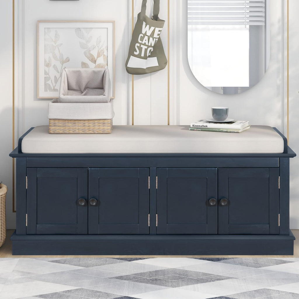 Farmhouse Storage Bench, Wood Storage Benches with Adjustable Shelves, Shoe Bench with Storage and Removable Cushion