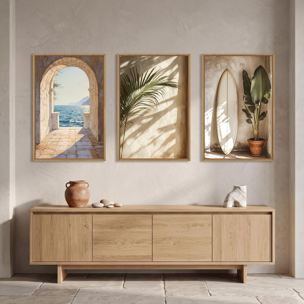 Large Coastal French Landscape Framed Canvas Wall Art Set -24"x36"x3