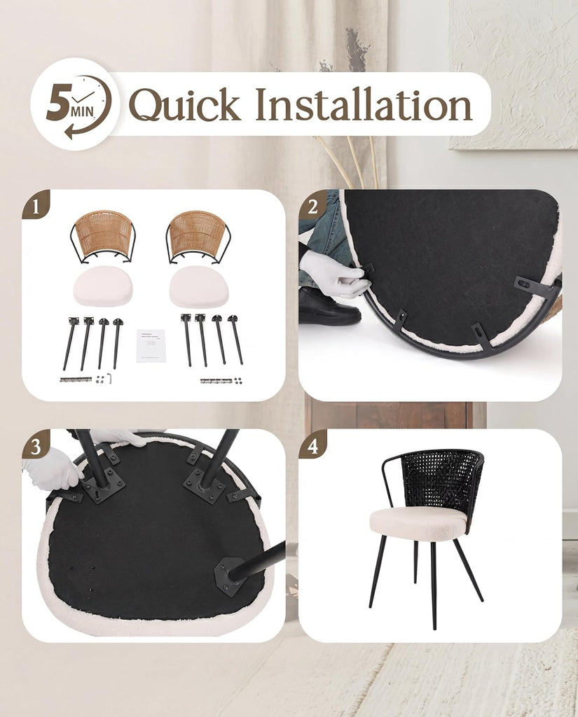 Rattan Dining Chairs Set of 4 - Farmhouse Upholstered PE Rattan Kitchen Chair with Boucle Cushion, Wingback Dining