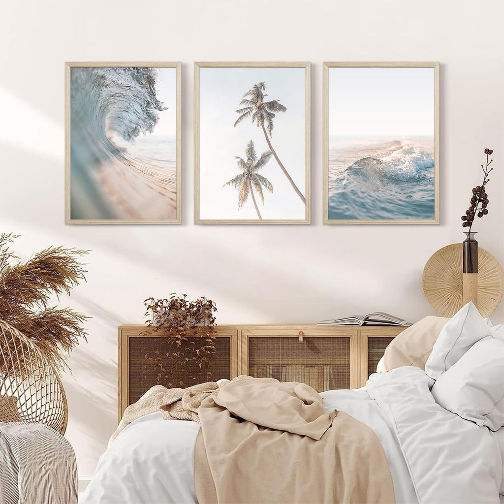 Beach Wall Art Pictures Coastal Canvas Wall Decor Ocean Waves Poster Blue Beach Scene Artwork Palm Tree Art Coastal
