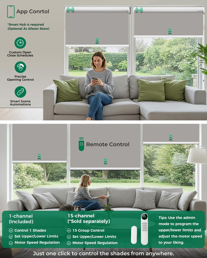 Motorized Blinds with Remote | Automatic Blackout Roller Shades, Easy Install & Smart Control Electric Blinds (Gray