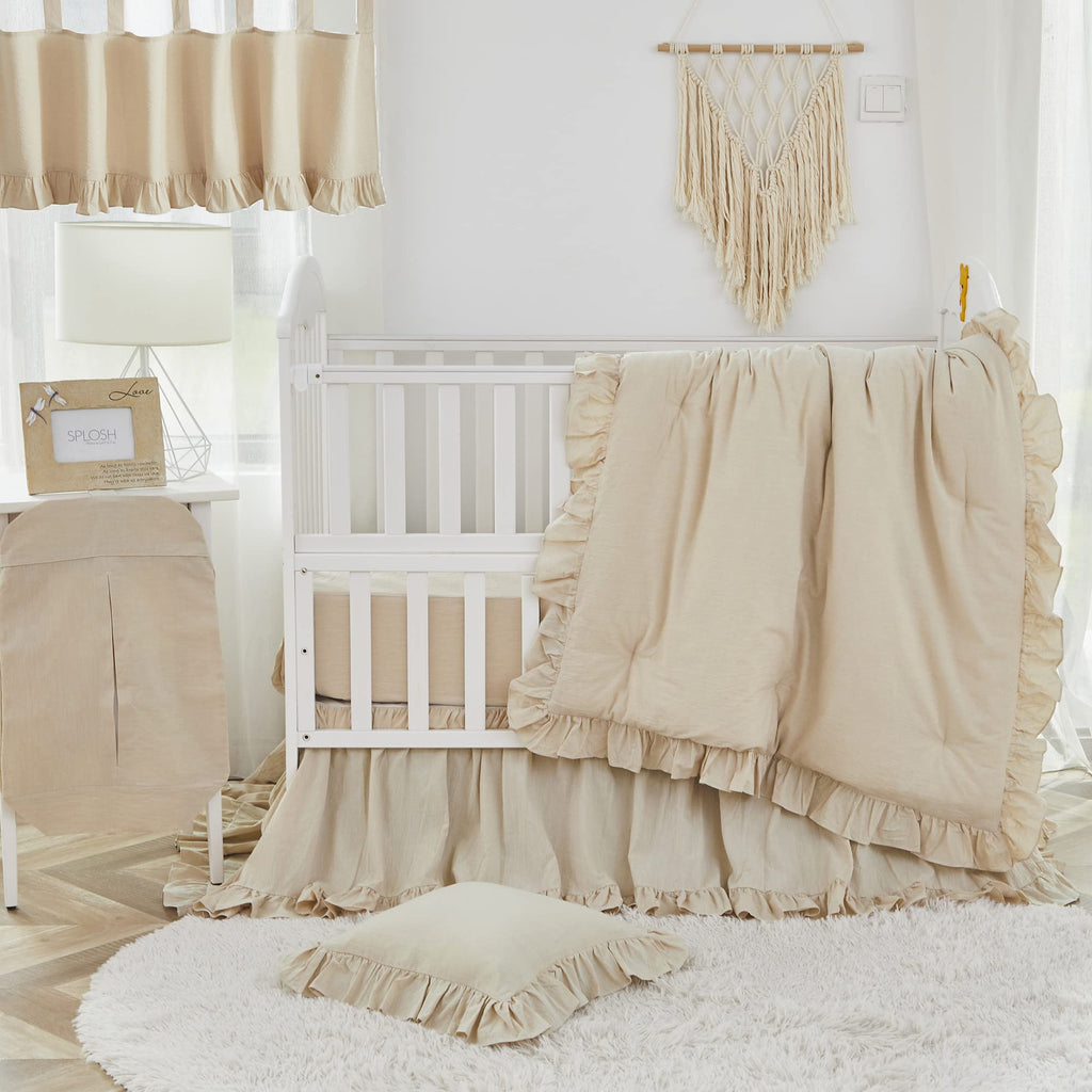 Boho Bohemian Girl Baby Nursery Crib Bed Skirt Dust Ruffle - Neutral Solid Color Beige Farmhouse Chic 100% Washed